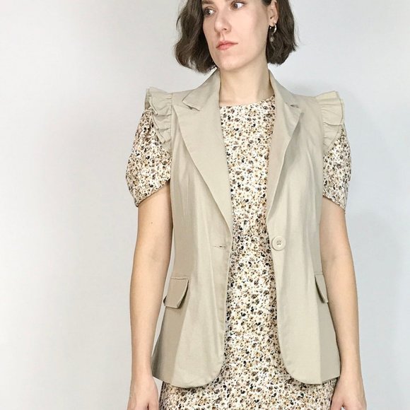Khaki LINEN Button up Vest with FRILL Shoulders! Small to Medium - Picture 5 of 6
